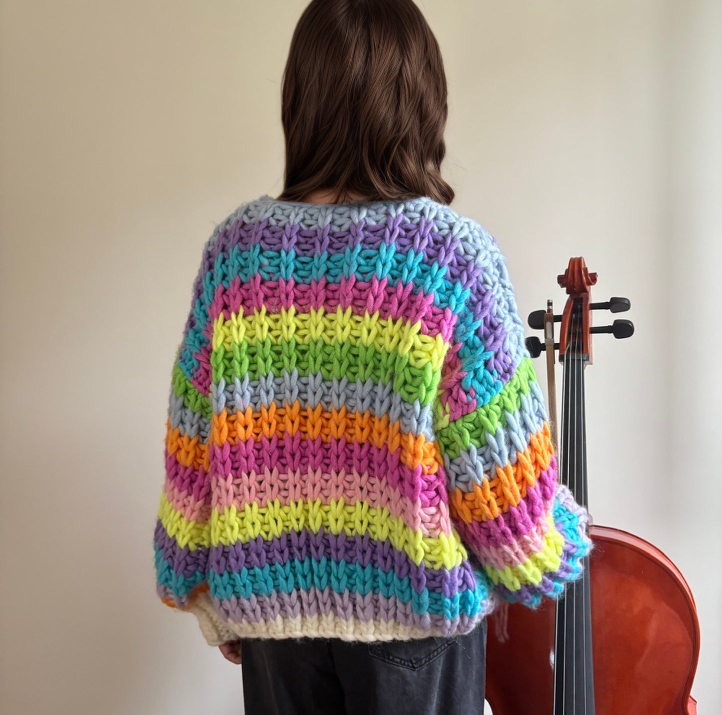 Hand-Knit Rainbow Striped Oversized Cardigan