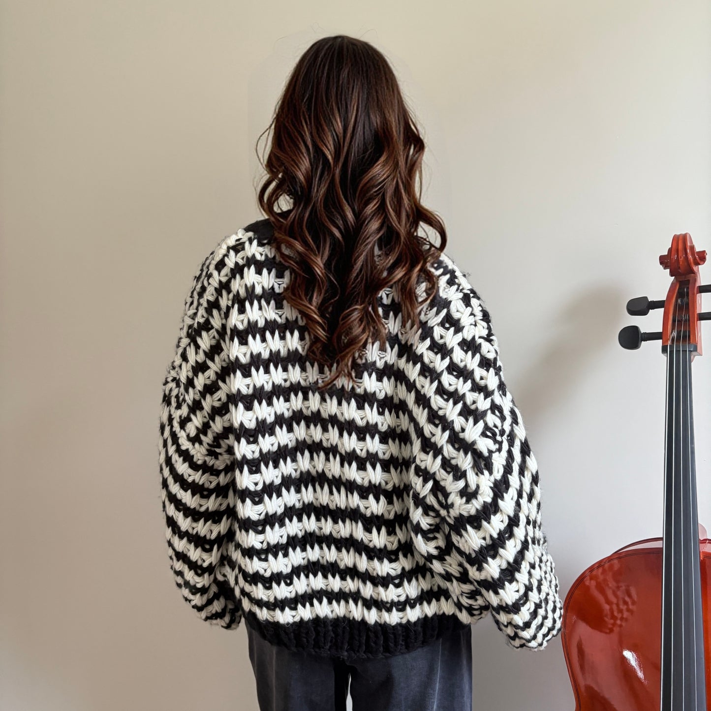 Oversized Chunky Knit Cardigan - Black & White Striped Vintage-Inspired Long Sleeve Sweater with Wooden Buttons