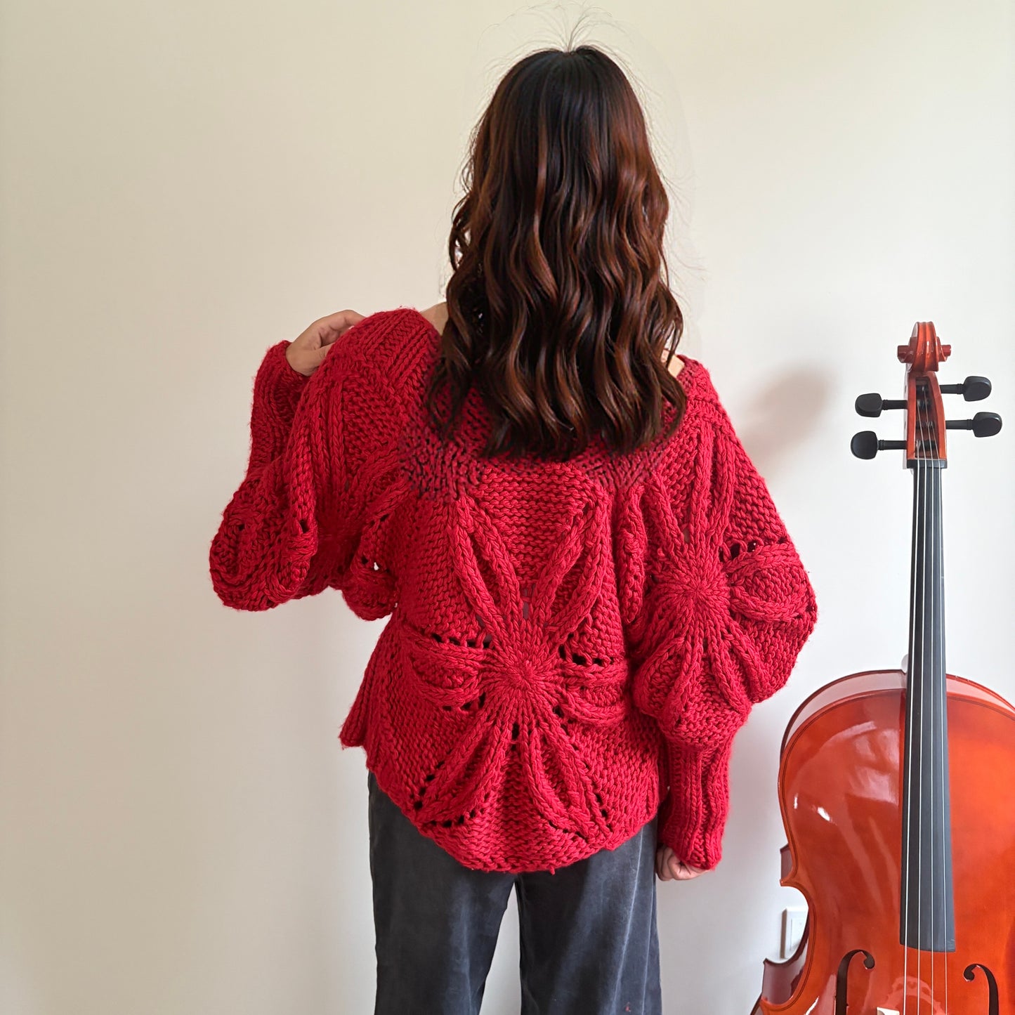 Vibrant Red Hand-Crocheted Floral Statement Sweater