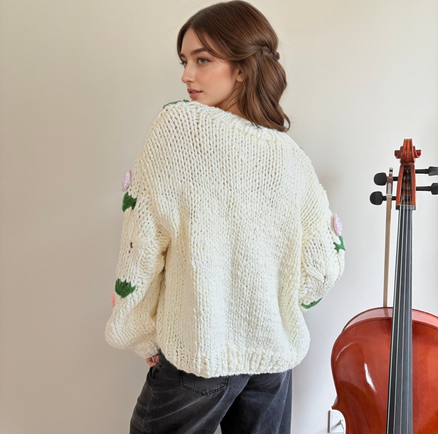 Handmade Floral Crochet Cardigan - Chunky Knit Sweater with 3D Flower Embellishments