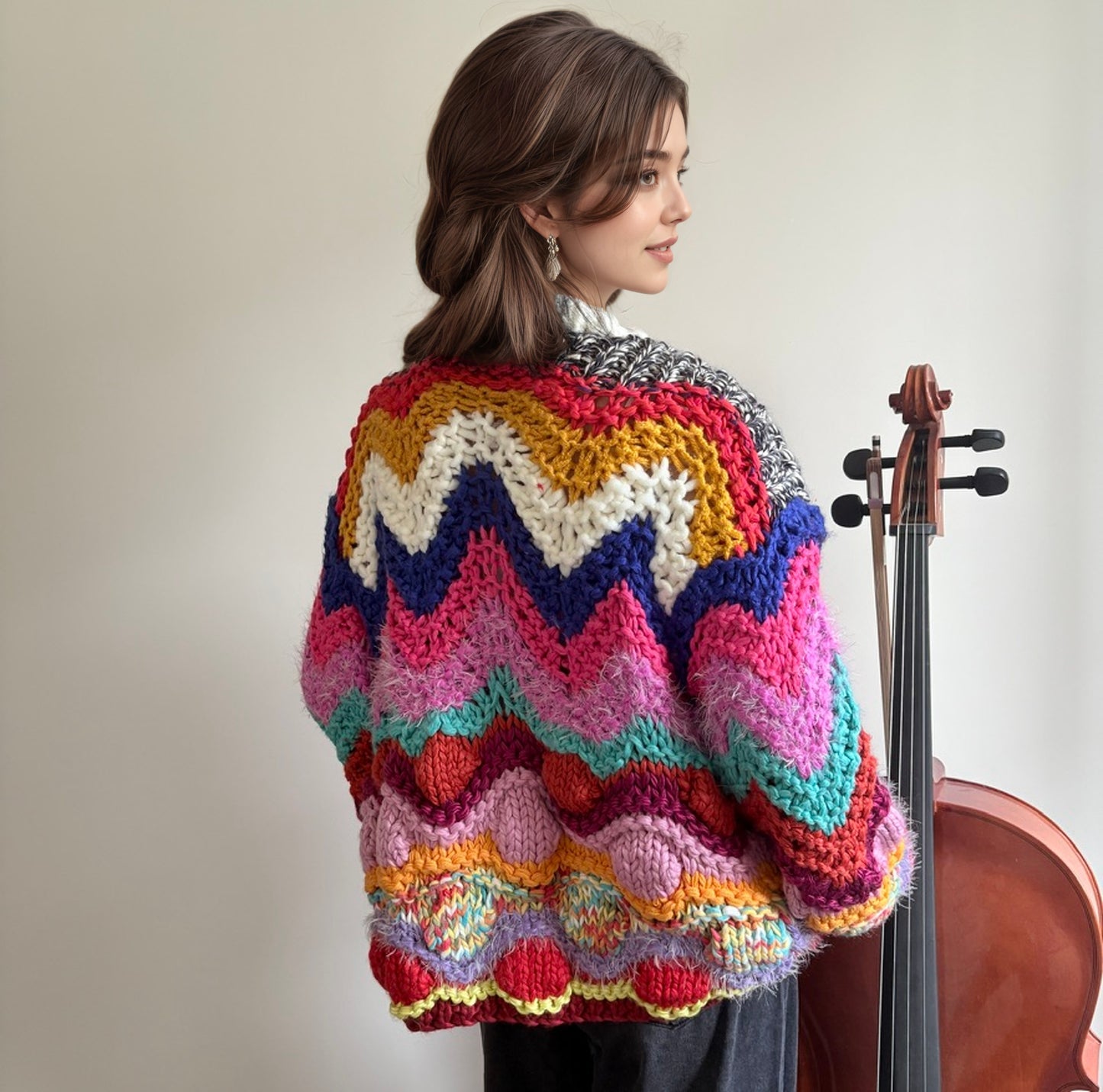 Hand-Crocheted Oversized Cardigan with Vibrant Chevron Patterns
