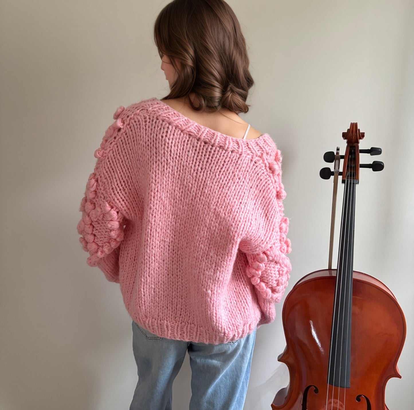 Hand - Knitted Pink Floral Accent Cardigan