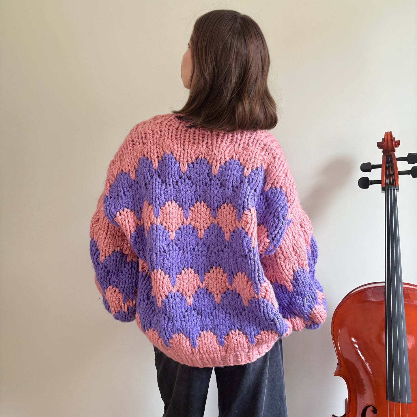 Oversized Chunky Knit Cardigan - Pink & Purple Colorblock Open Front Sweater with Puff Sleeves