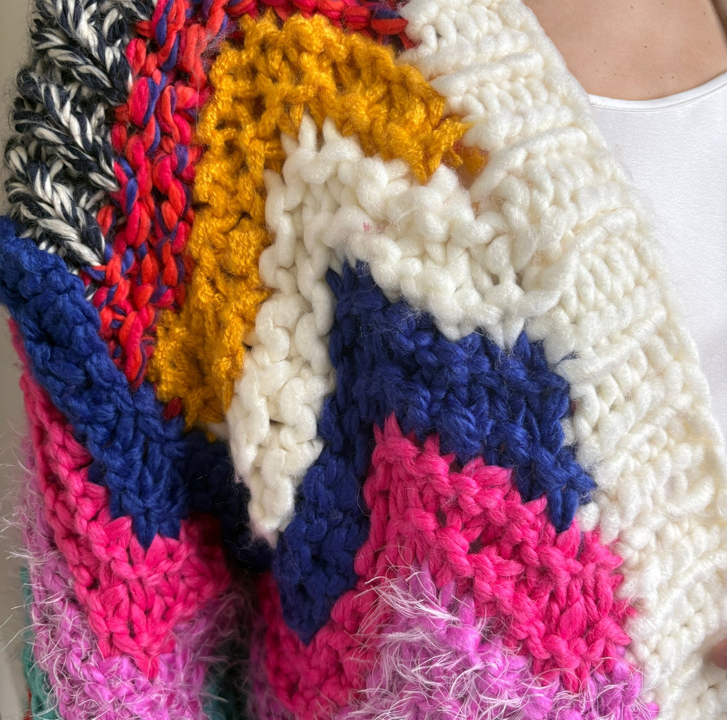 Hand-Crocheted Oversized Cardigan with Vibrant Chevron Patterns