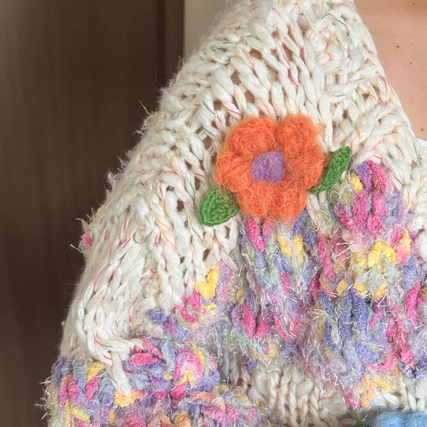 Vintage-Inspired Floral Knit Cardigan with Puff Sleeves