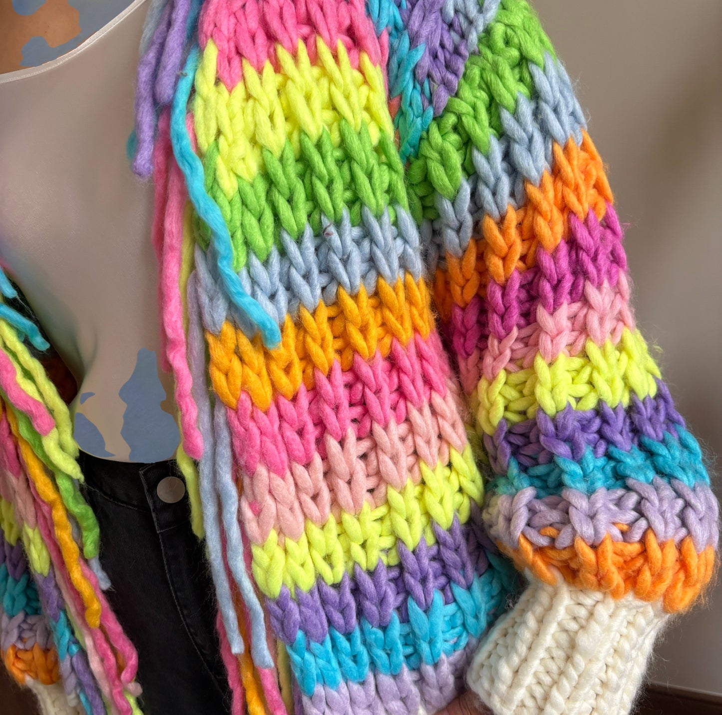 Hand-Knit Rainbow Striped Oversized Cardigan