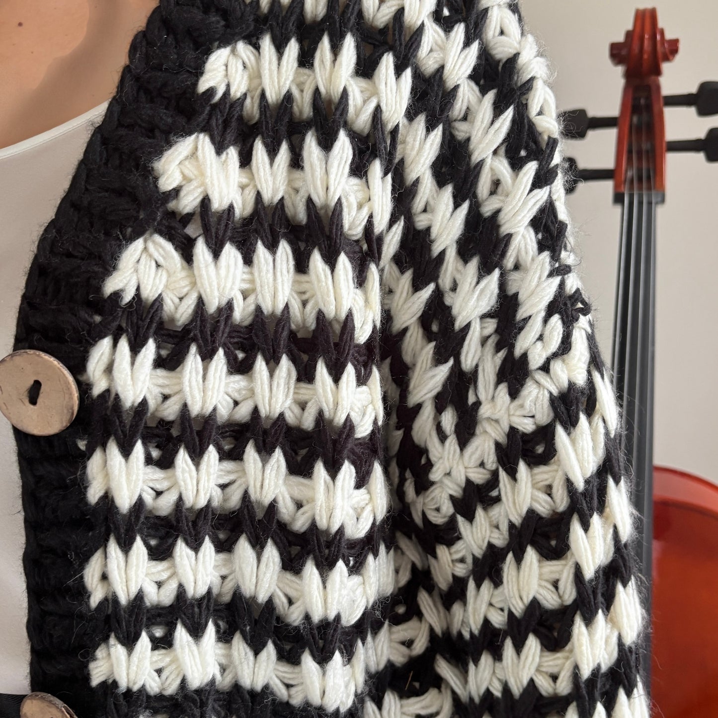 Oversized Chunky Knit Cardigan - Black & White Striped Vintage-Inspired Long Sleeve Sweater with Wooden Buttons