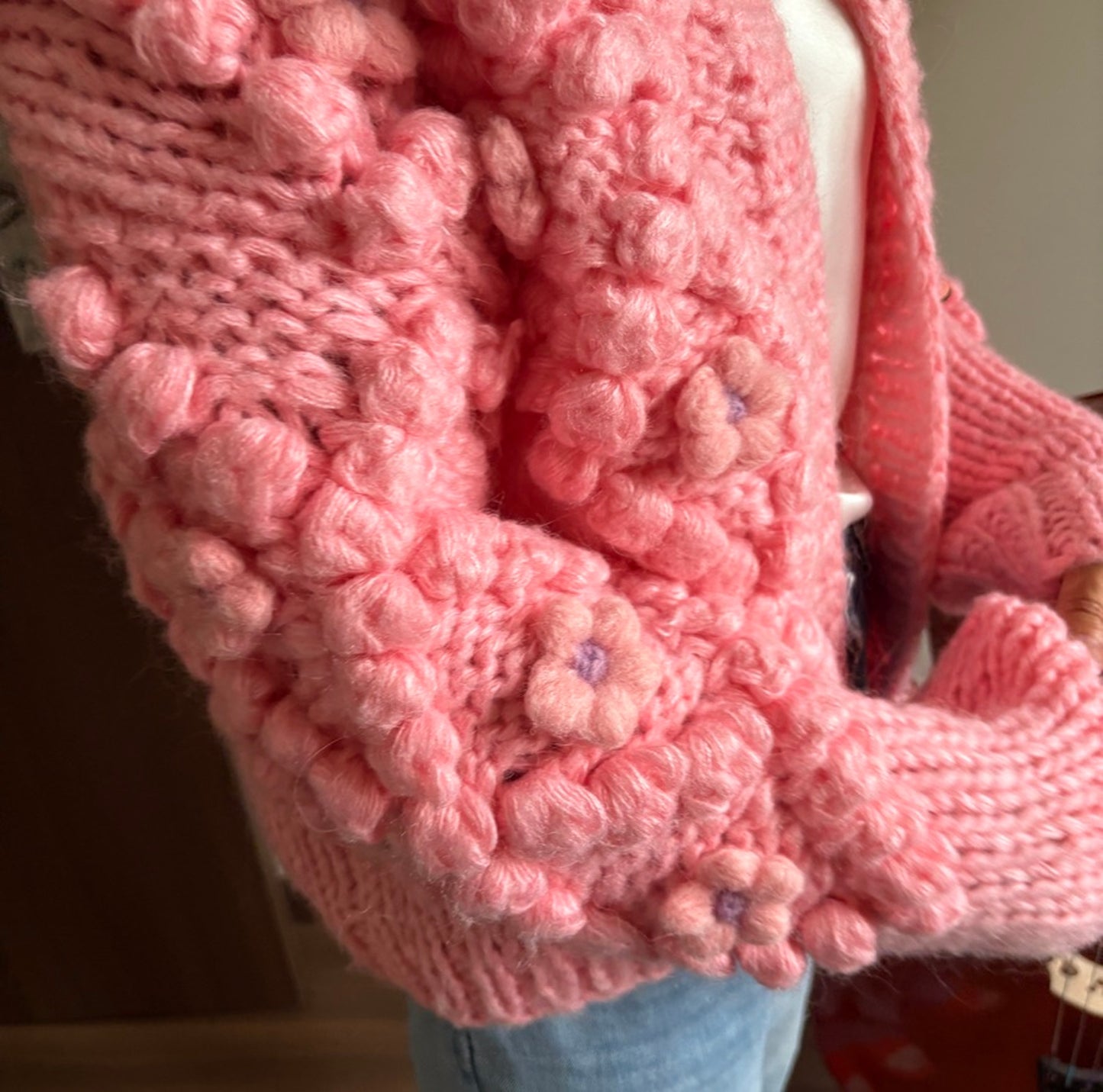 Hand - Knitted Pink Floral Accent Cardigan