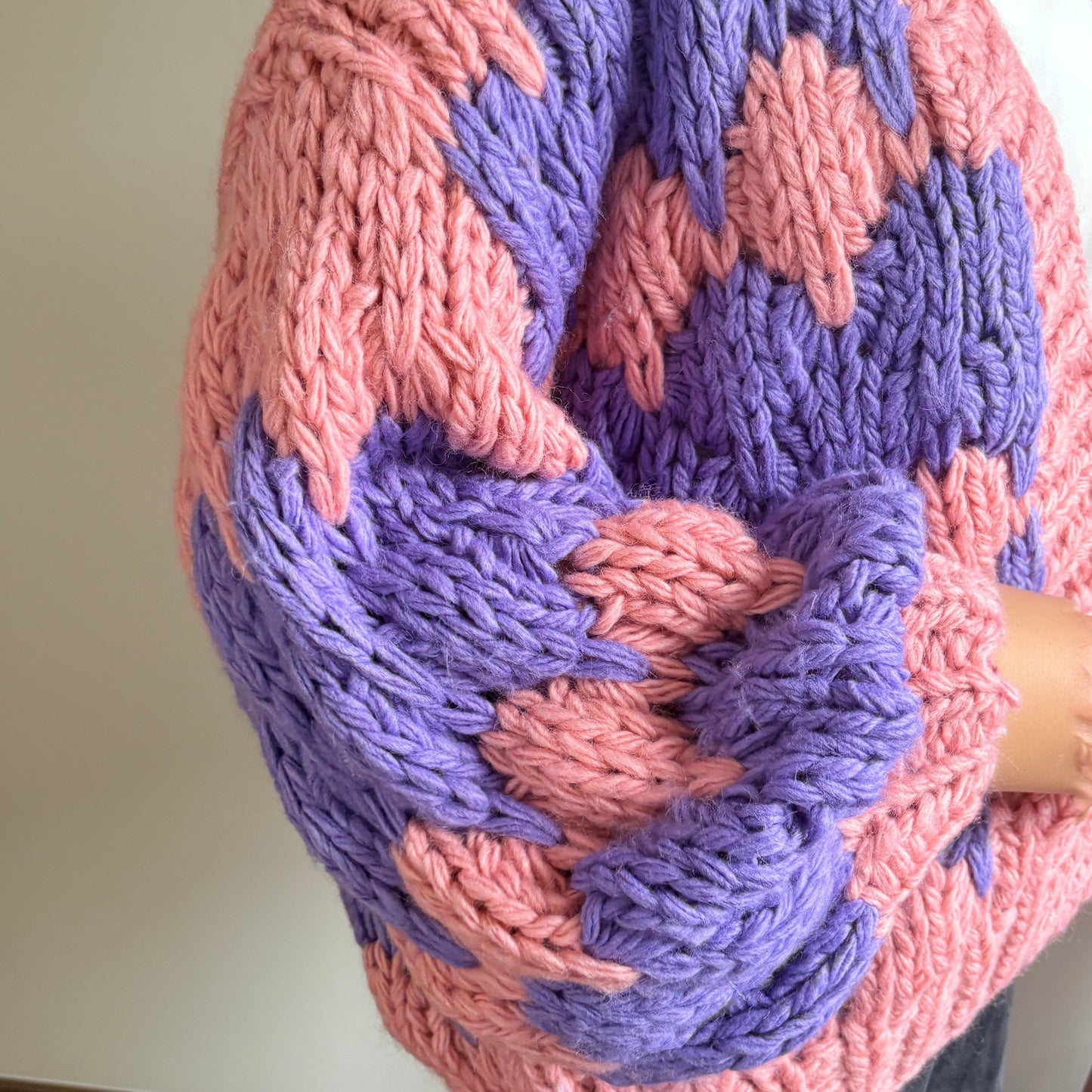 Oversized Chunky Knit Cardigan - Pink & Purple Colorblock Open Front Sweater with Puff Sleeves