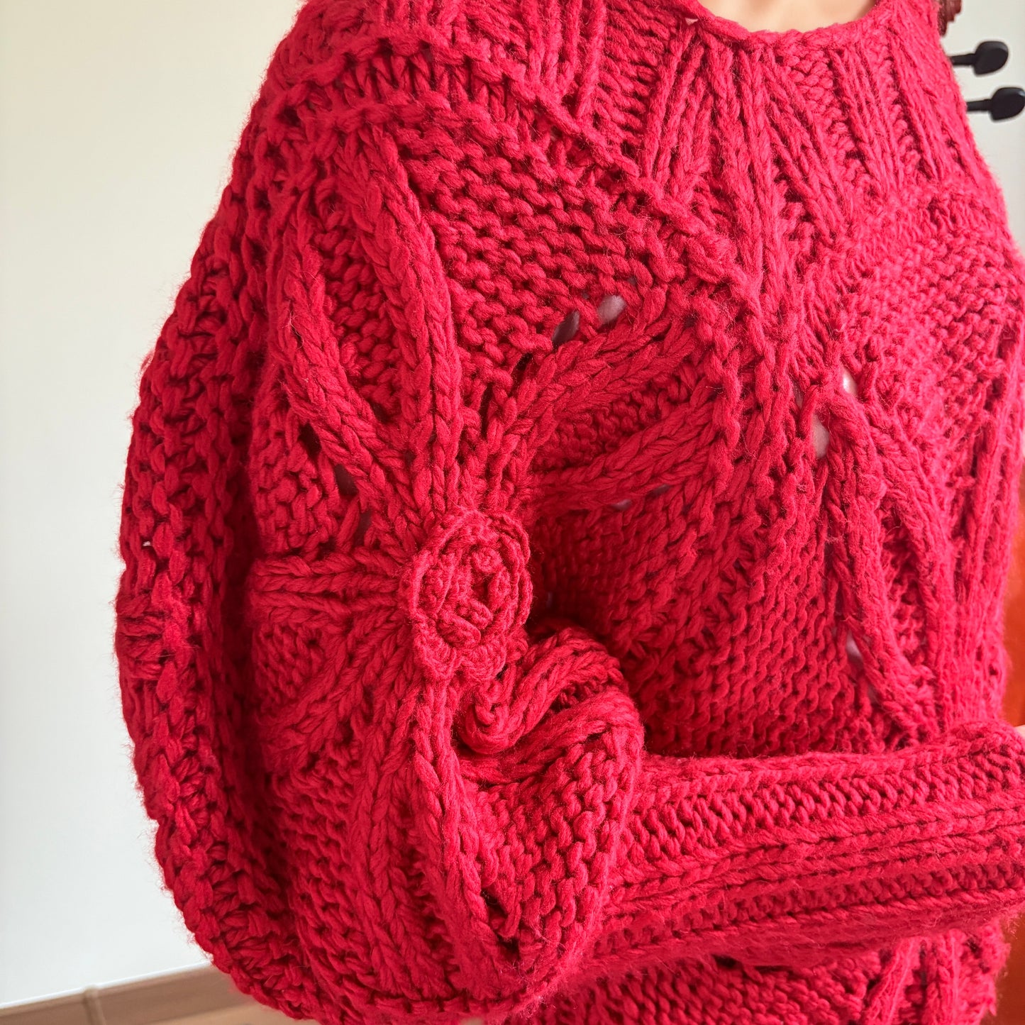 Vibrant Red Hand-Crocheted Floral Statement Sweater