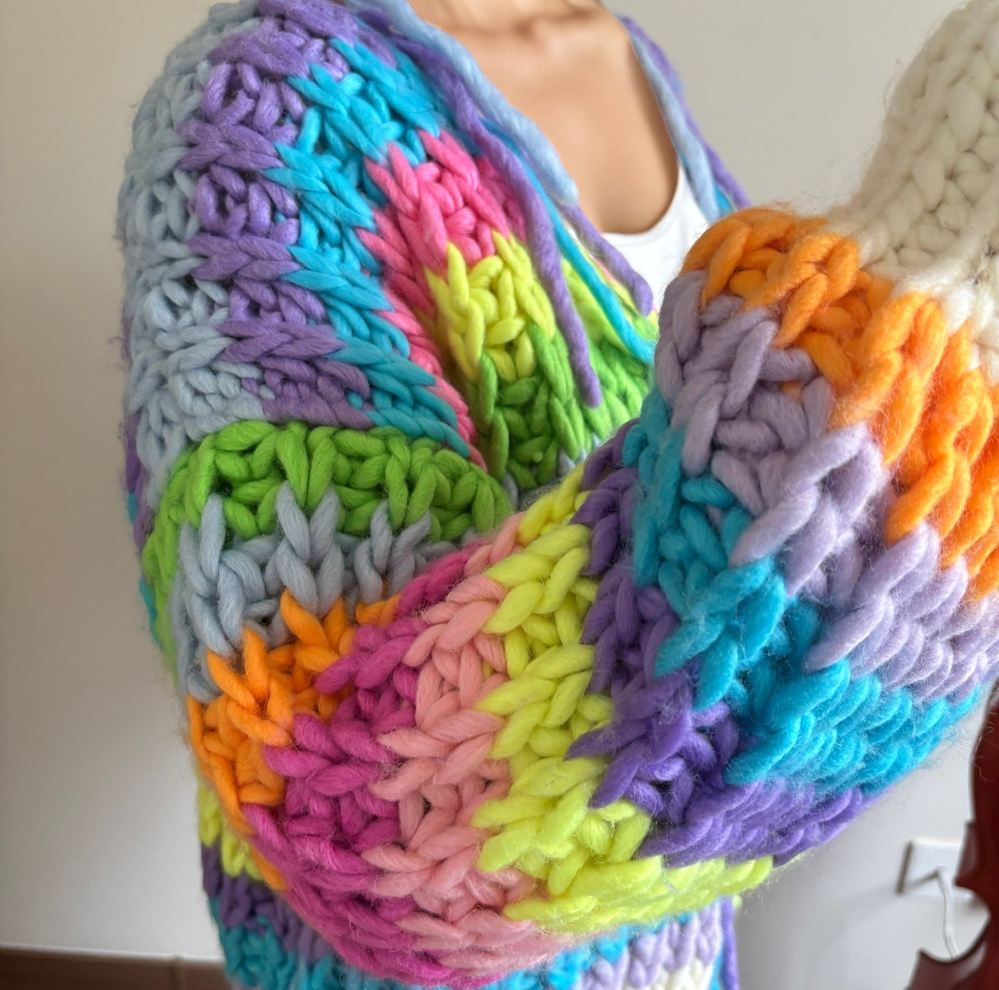 Hand-Knit Rainbow Striped Oversized Cardigan