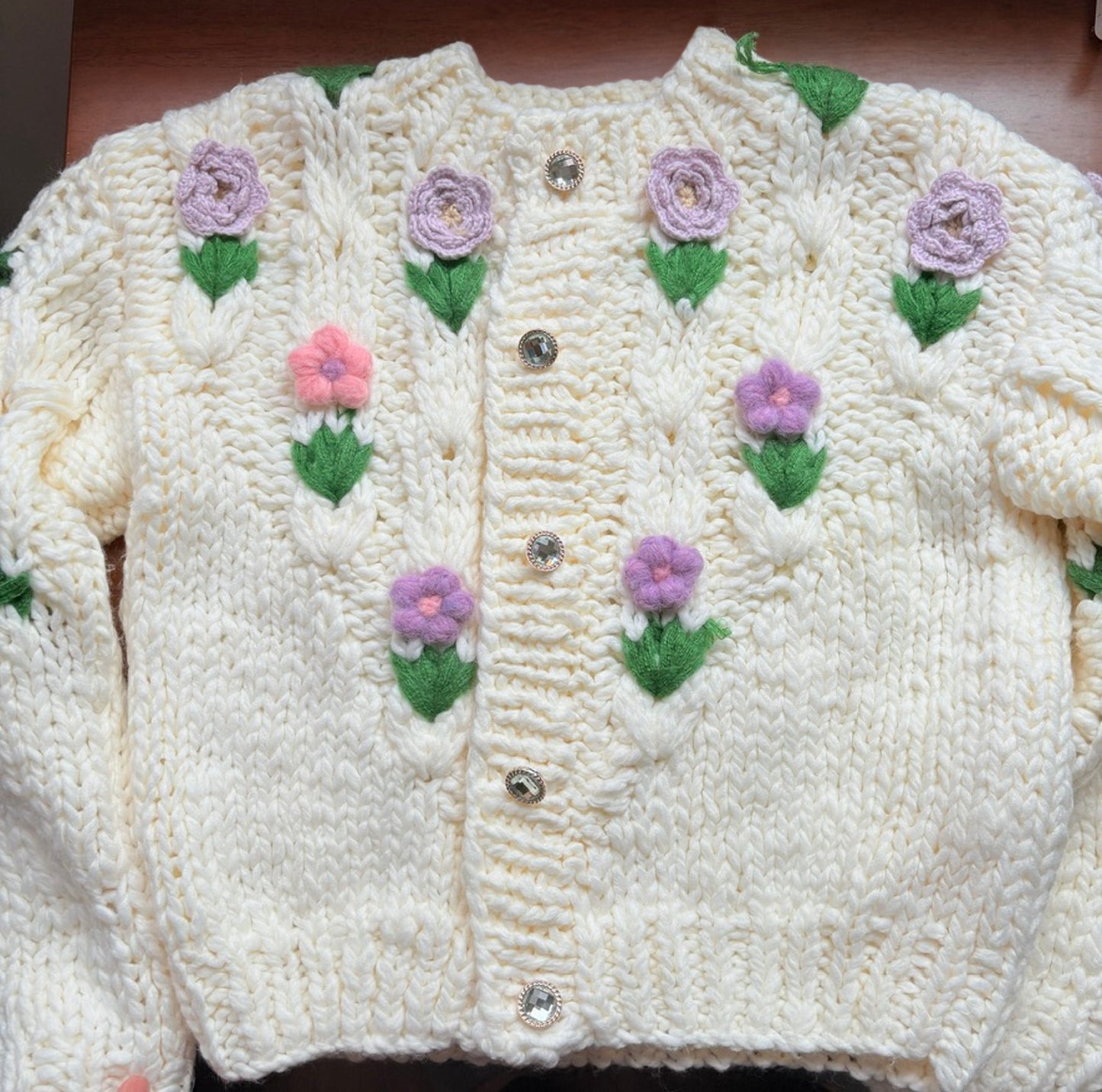 Handmade Floral Crochet Cardigan - Chunky Knit Sweater with 3D Flower Embellishments