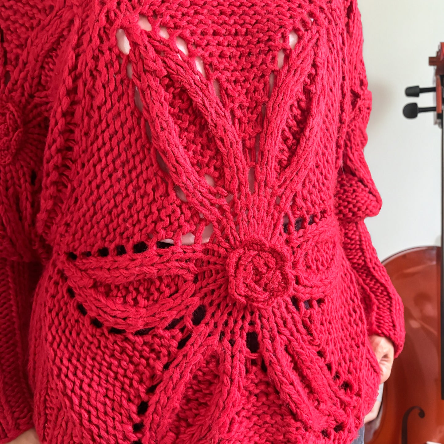 Vibrant Red Hand-Crocheted Floral Statement Sweater