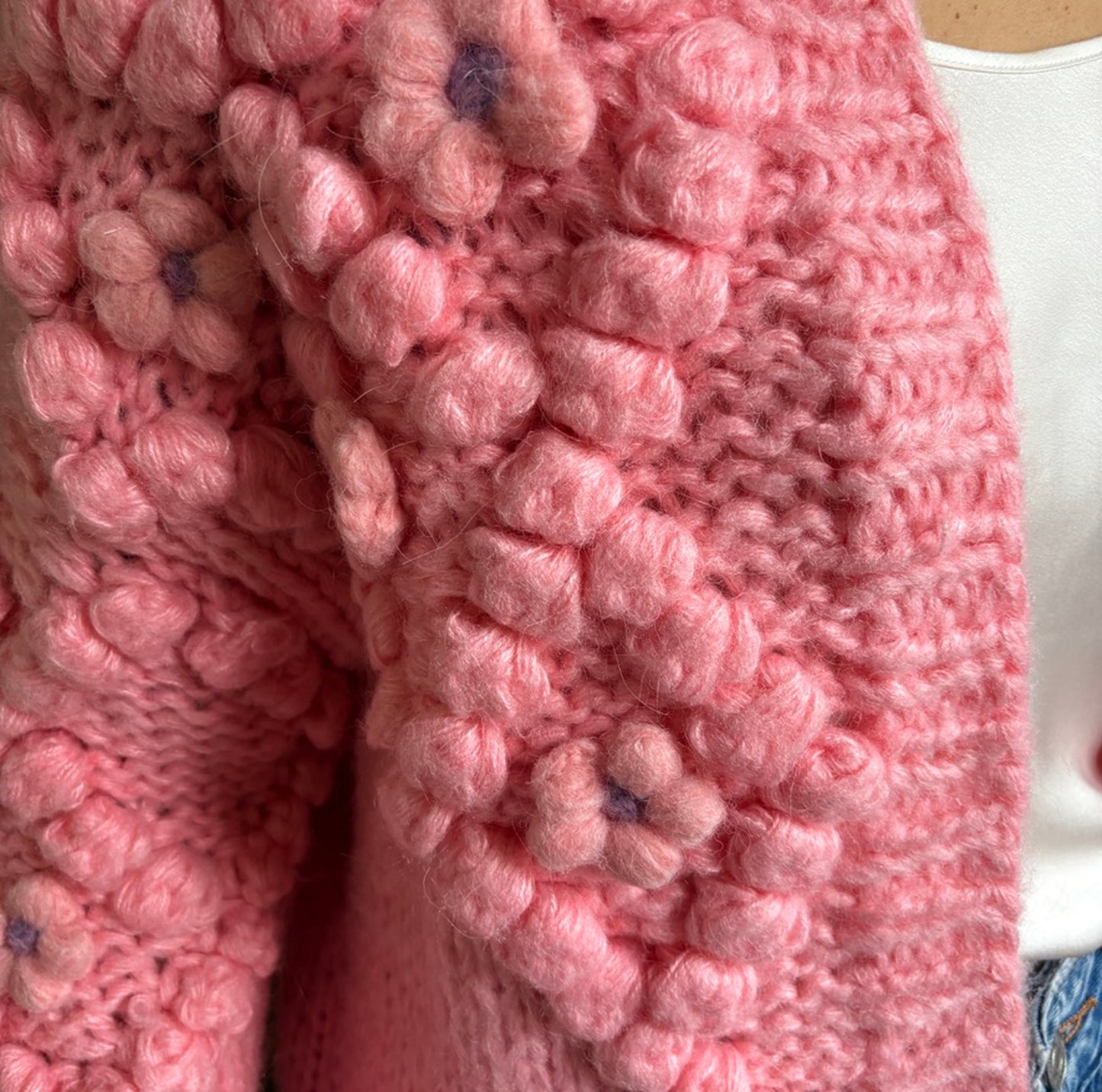 Hand - Knitted Pink Floral Accent Cardigan