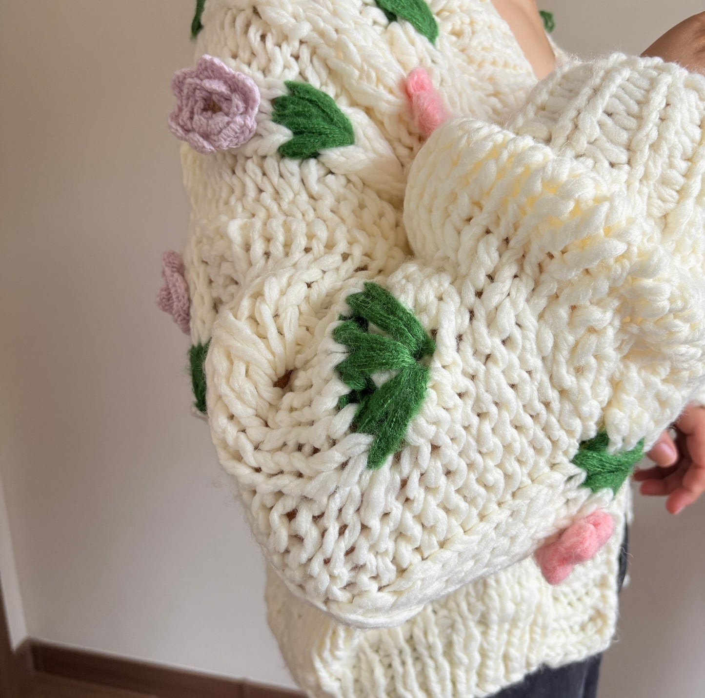 Handmade Floral Crochet Cardigan - Chunky Knit Sweater with 3D Flower Embellishments