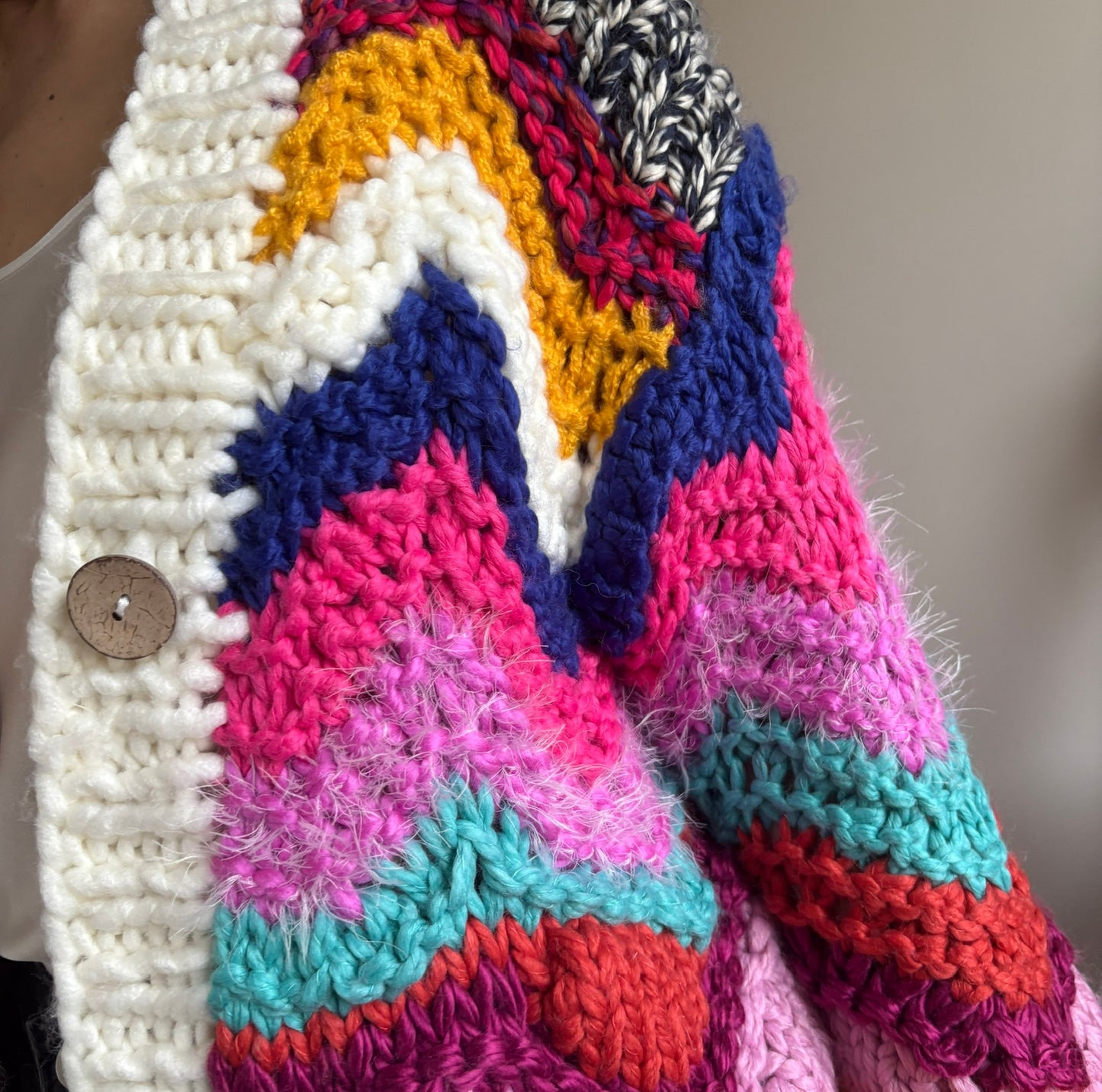 Hand-Crocheted Oversized Cardigan with Vibrant Chevron Patterns