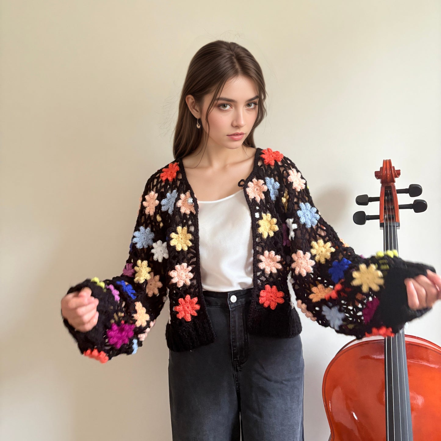 Hand-crocheted knit cardigan with three-dimensional woven flowers