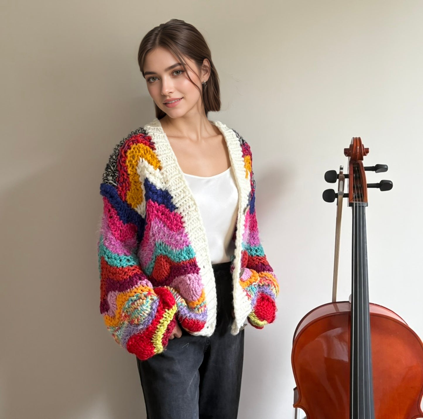 Hand-Crocheted Oversized Cardigan with Vibrant Chevron Patterns