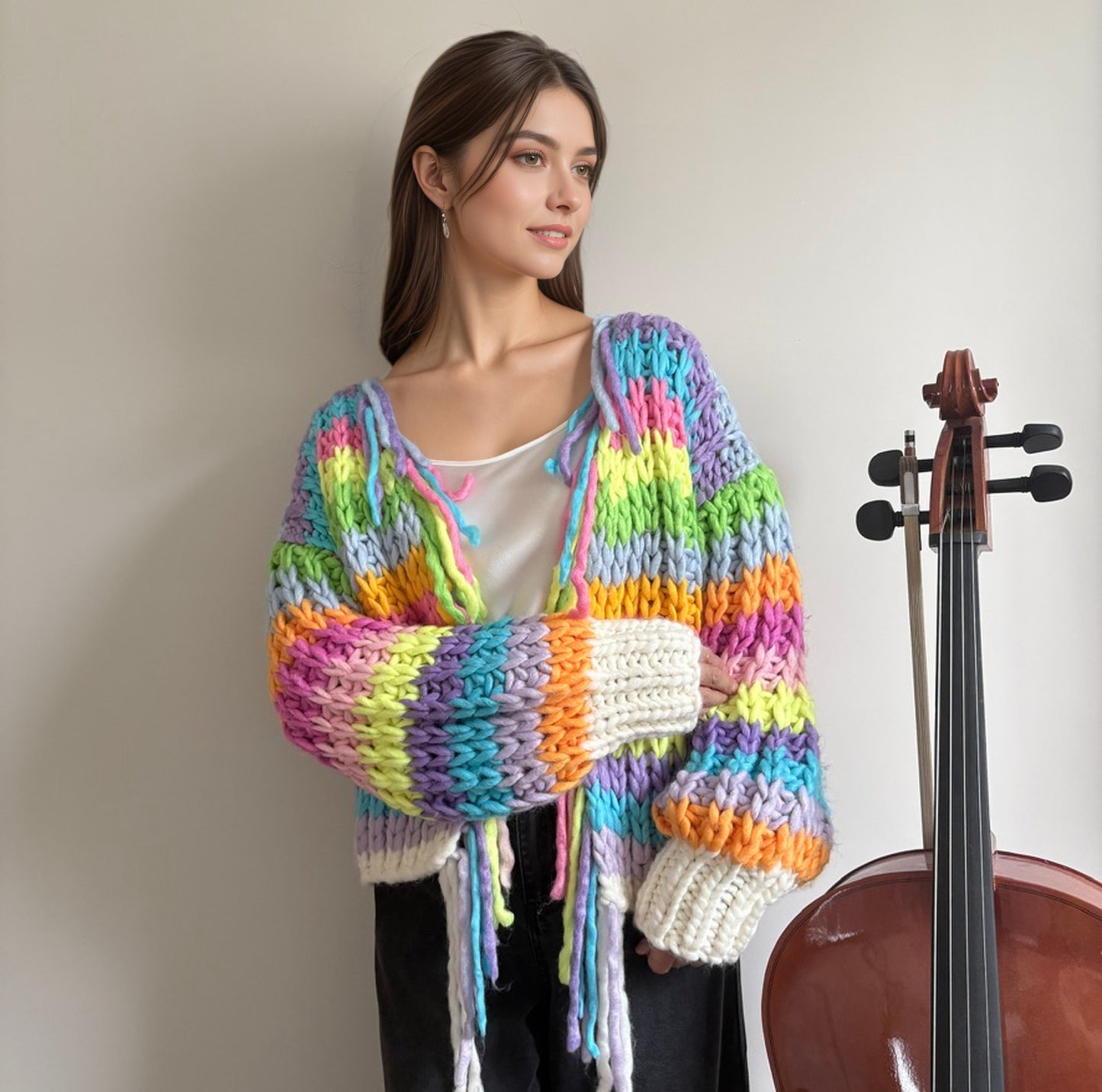 Hand-Knit Rainbow Striped Oversized Cardigan