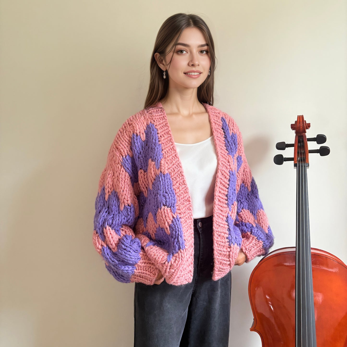 Oversized Chunky Knit Cardigan - Pink & Purple Colorblock Open Front Sweater with Puff Sleeves
