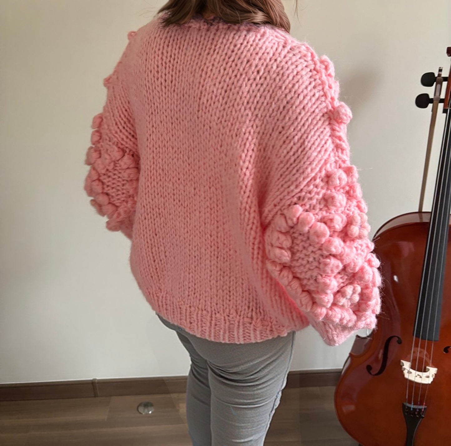 Hand - Knitted Pink Floral Accent Cardigan