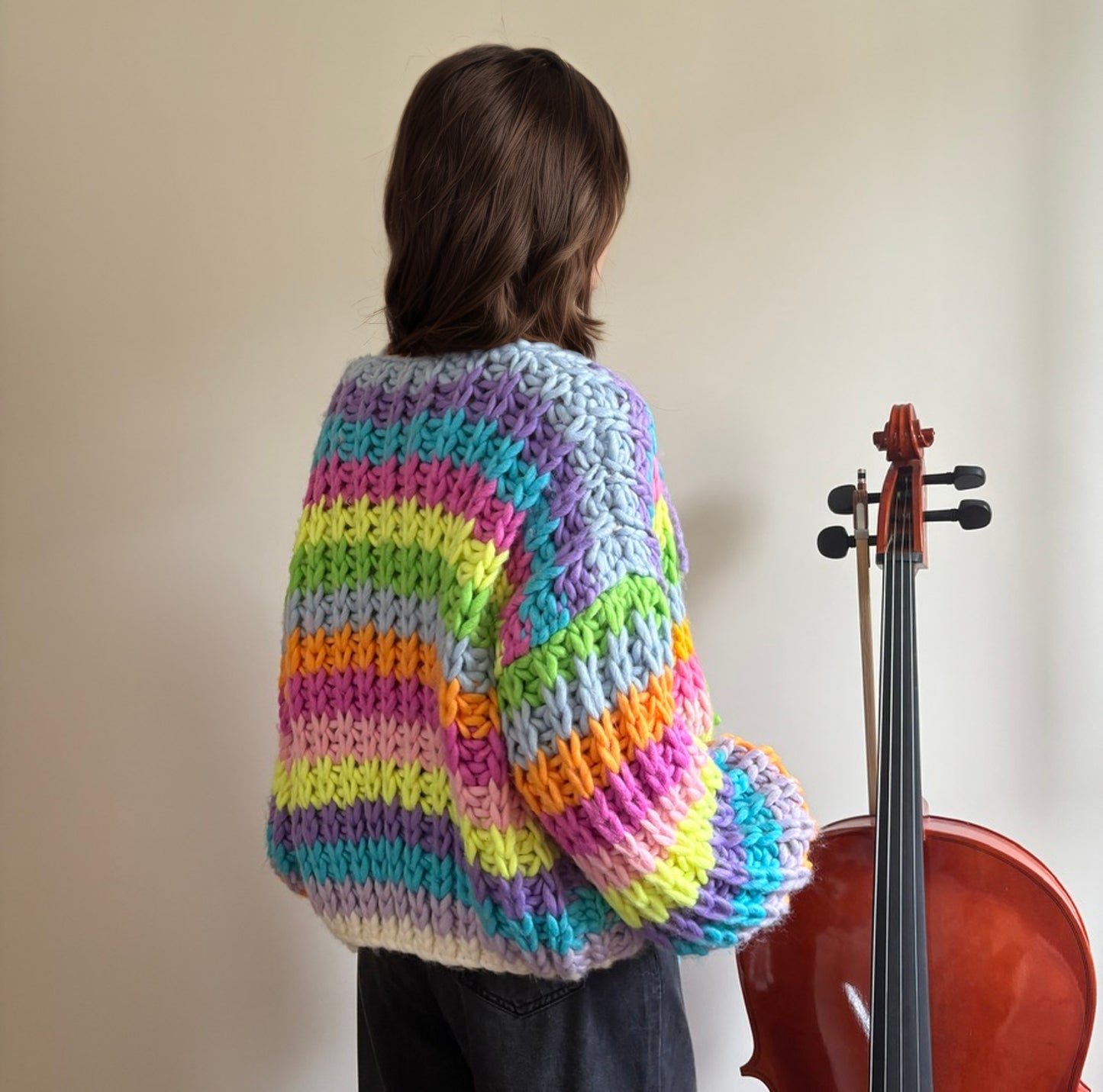 Hand-Knit Rainbow Striped Oversized Cardigan