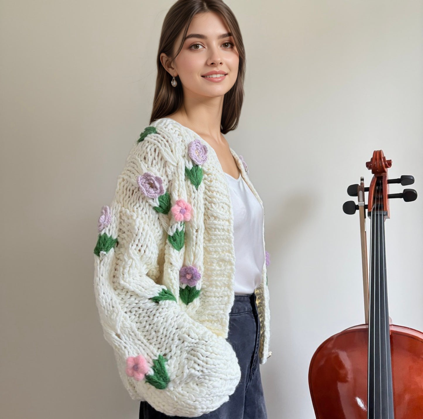Handmade Floral Crochet Cardigan - Chunky Knit Sweater with 3D Flower Embellishments