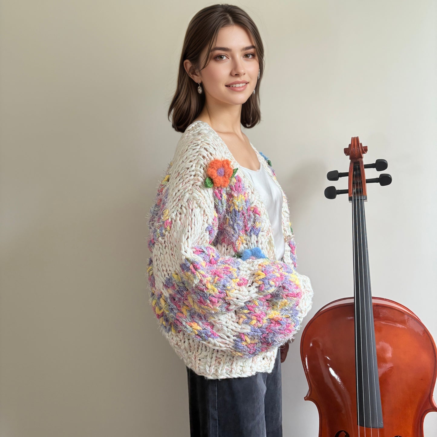 Vintage-Inspired Floral Knit Cardigan with Puff Sleeves