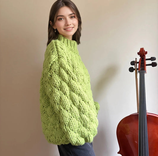 Woman in chunky lime green knit sweater beside cello, HazumiCrafts oversized handmade knitwear.