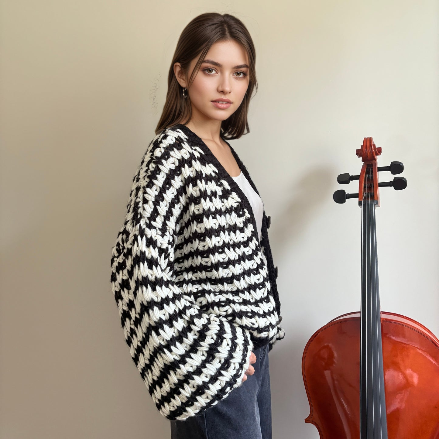 Oversized Chunky Knit Cardigan - Black & White Striped Vintage-Inspired Long Sleeve Sweater with Wooden Buttons