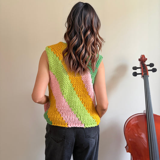 Vintage Chunky Knit Vest - Colorful Striped Sleeveless V-Neck Sweater with 3D Floral Details