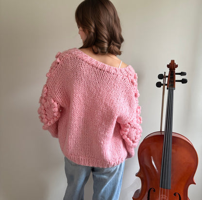 Hand - Knitted Pink Floral Accent Cardigan