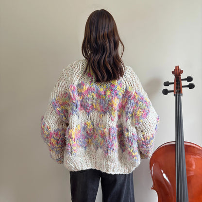 Vintage-Inspired Floral Knit Cardigan with Puff Sleeves