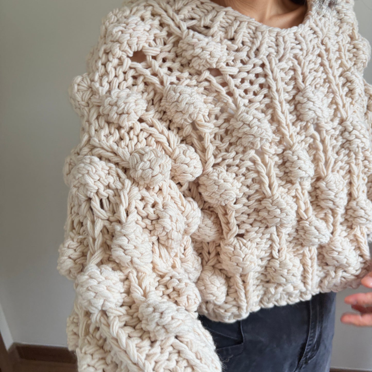 Handmade Crochet Pompom Sweater - Unique Textured Knit Top