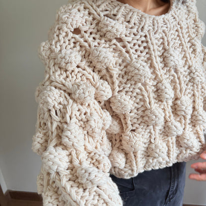 Handmade Crochet Pompom Sweater - Unique Textured Knit Top