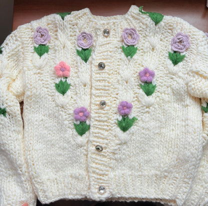 Handmade Floral Crochet Cardigan - Chunky Knit Sweater with 3D Flower Embellishments