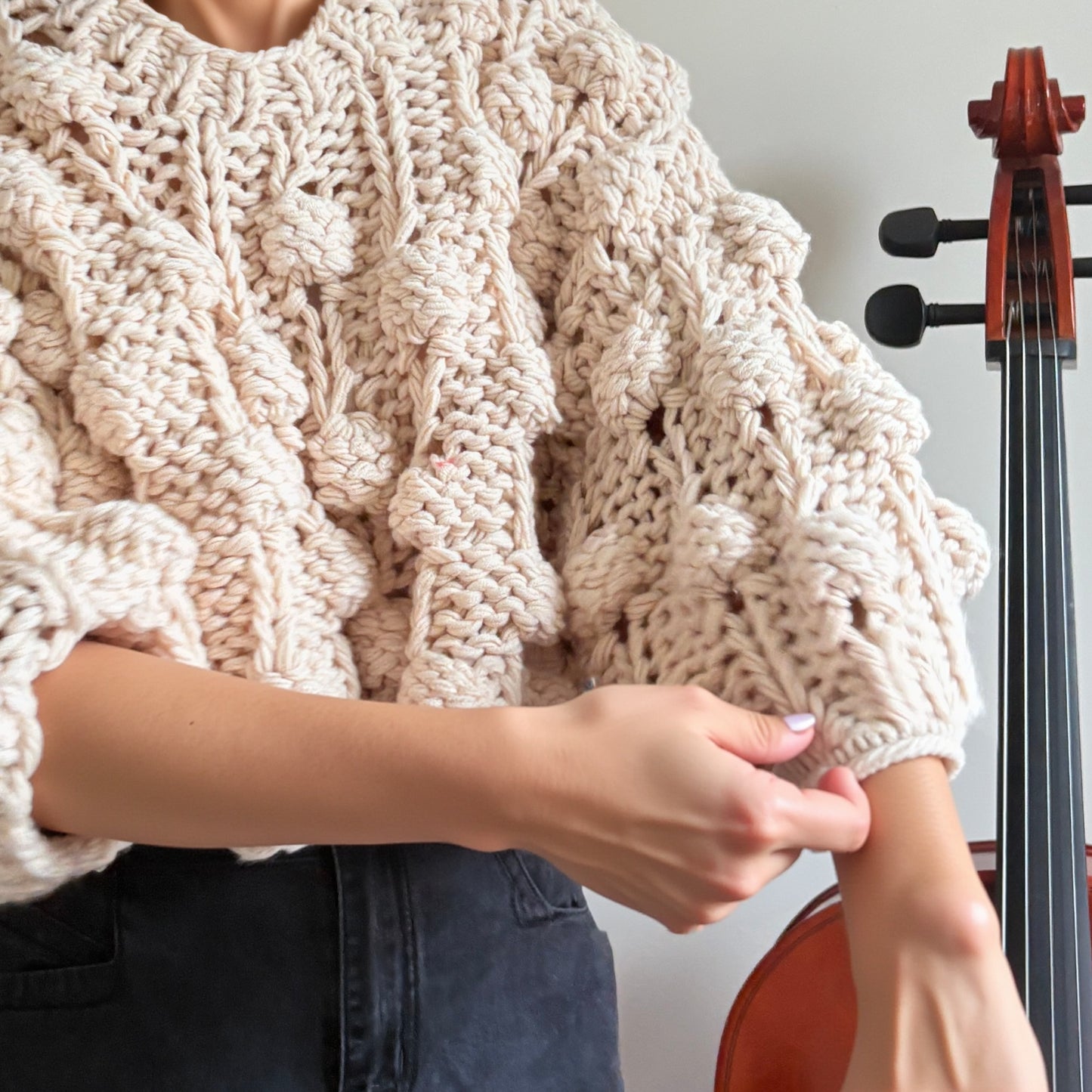 Handmade Crochet Pompom Sweater - Unique Textured Knit Top