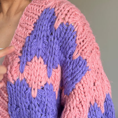 Oversized Chunky Knit Cardigan - Pink & Purple Colorblock Open Front Sweater with Puff Sleeves