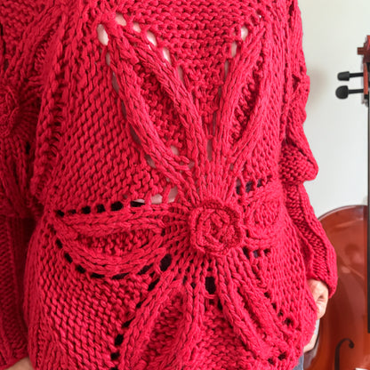 Vibrant Red Hand-Crocheted Floral Statement Sweater
