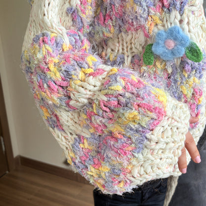 Vintage-Inspired Floral Knit Cardigan with Puff Sleeves