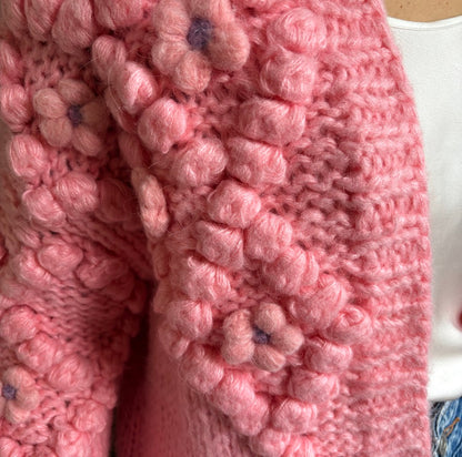Hand - Knitted Pink Floral Accent Cardigan