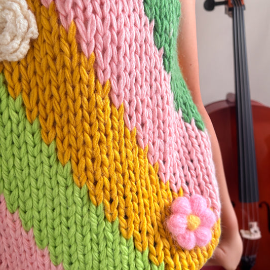 Vintage Chunky Knit Vest - Colorful Striped Sleeveless V-Neck Sweater with 3D Floral Details