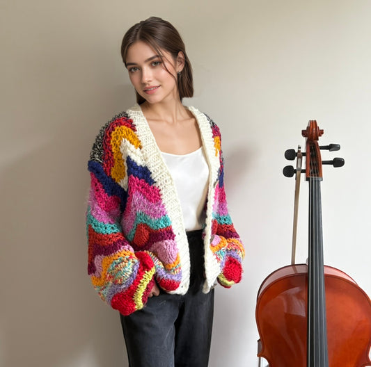 Hand-Crocheted Oversized Cardigan with Vibrant Chevron Patterns