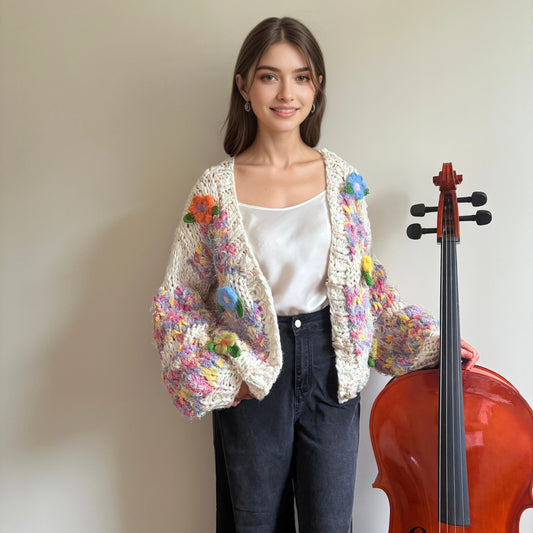 Vintage-Inspired Floral Knit Cardigan with Puff Sleeves