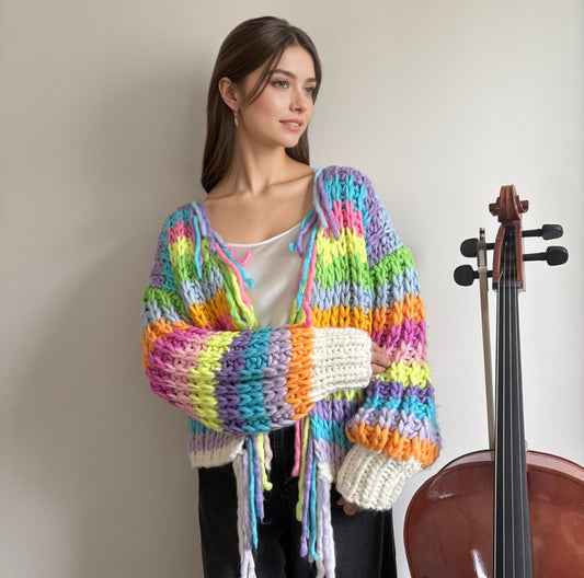 Hand-Knit Rainbow Striped Oversized Cardigan