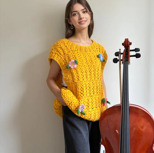 Woman wearing handmade chunky yellow knit sweater with floral details beside cello