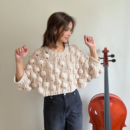 Handmade Crochet Pompom Sweater - Unique Textured Knit Top