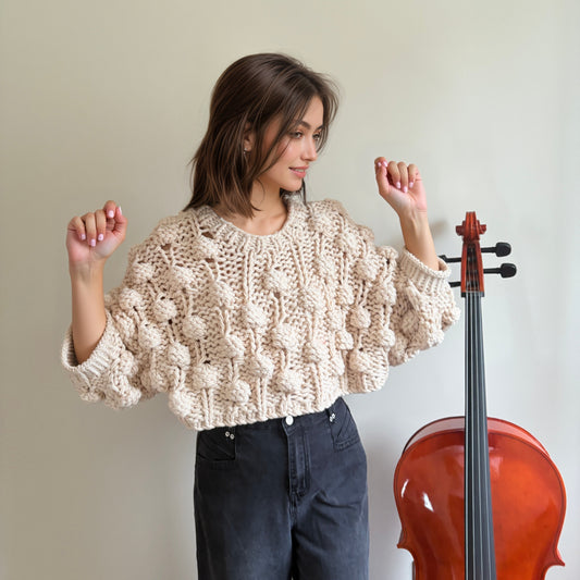 Handmade Crochet Pompom Sweater - Unique Textured Knit Top