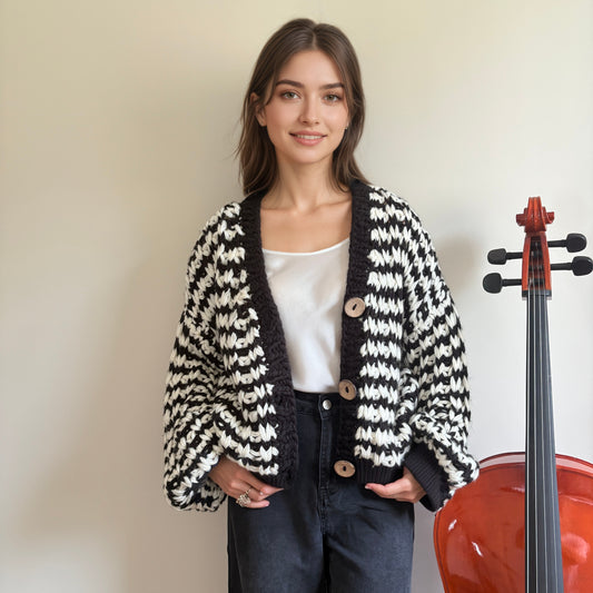 Oversized Chunky Knit Cardigan - Black & White Striped Vintage-Inspired Long Sleeve Sweater with Wooden Buttons