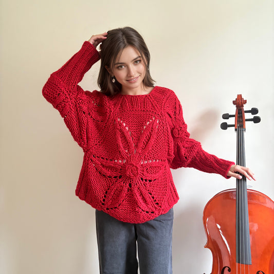 Vibrant Red Hand-Crocheted Floral Statement Sweater